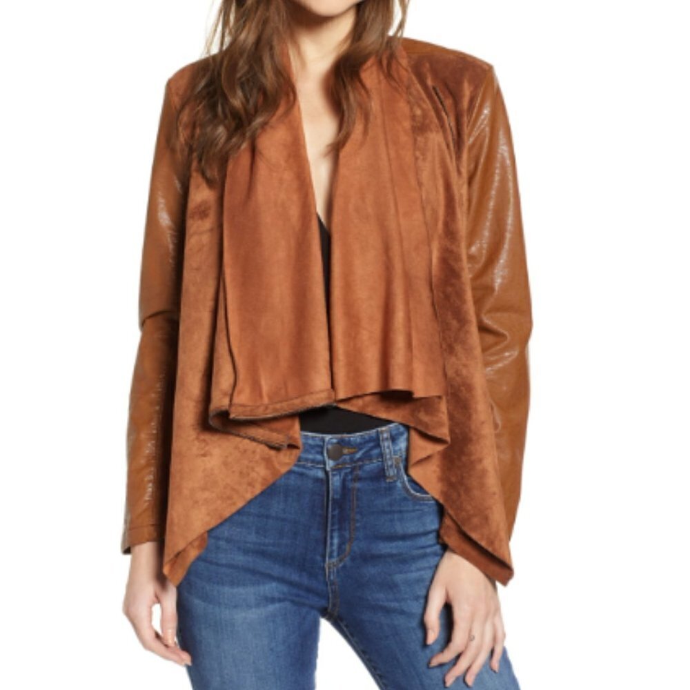 BlankNYC‎ Mixed Media Faux Leather Drape Front Jacket in Brown sz XS
